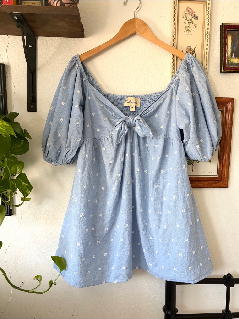 ANTHROPOLOGIE Cleobella Katherine Light Blue Puff-Sleeve Cotton Tunic w/ Tie XL